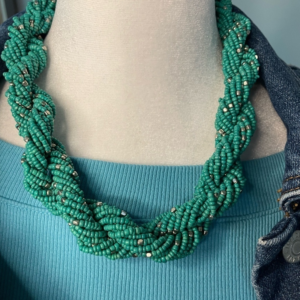 Sea Foam Green Rope Choker 8” Necklace w/ Silver Beading and Clasp
